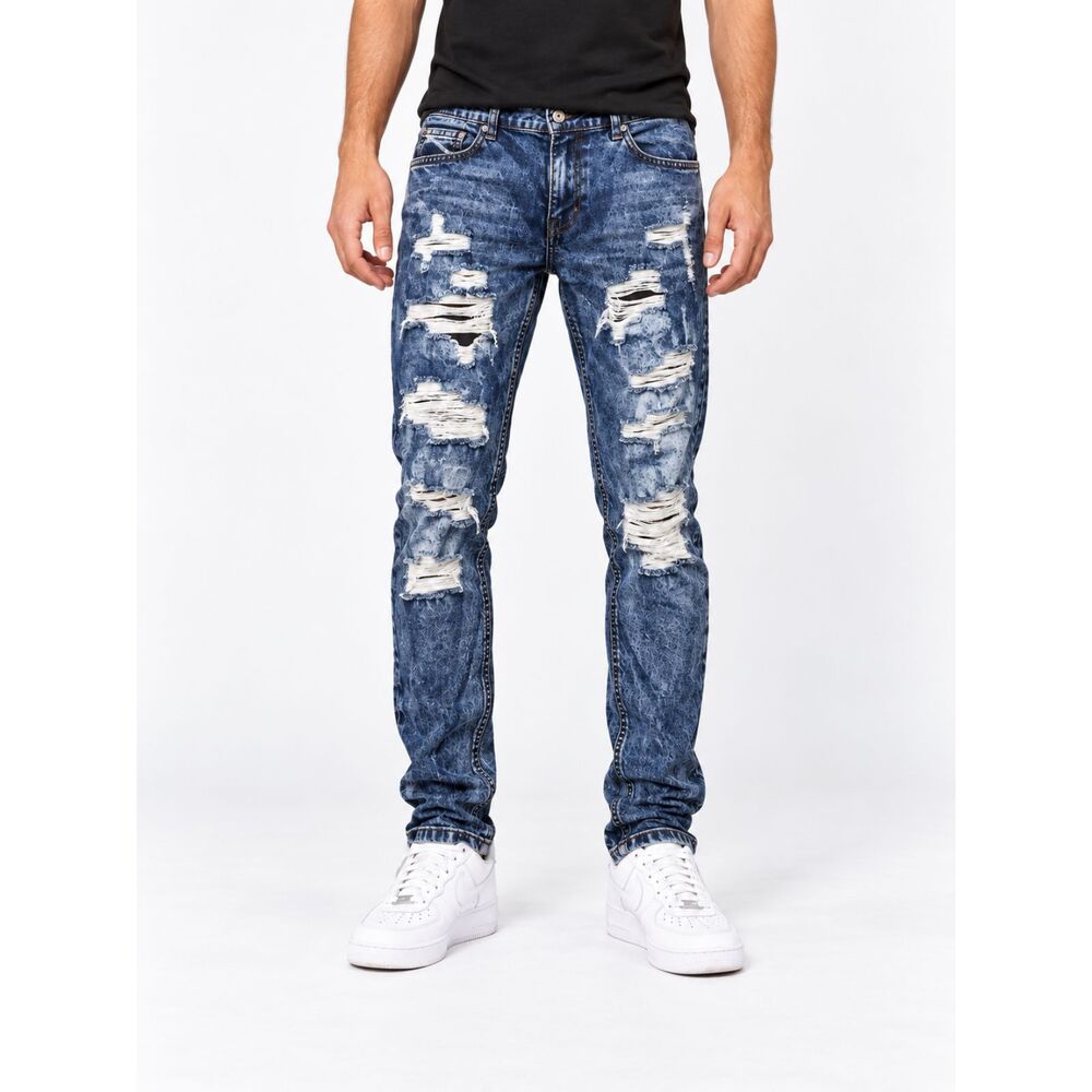 EUC BLACK Men's Acid Wash Distressed Destroyed Skinny Flex Jeans 32x32 Blue